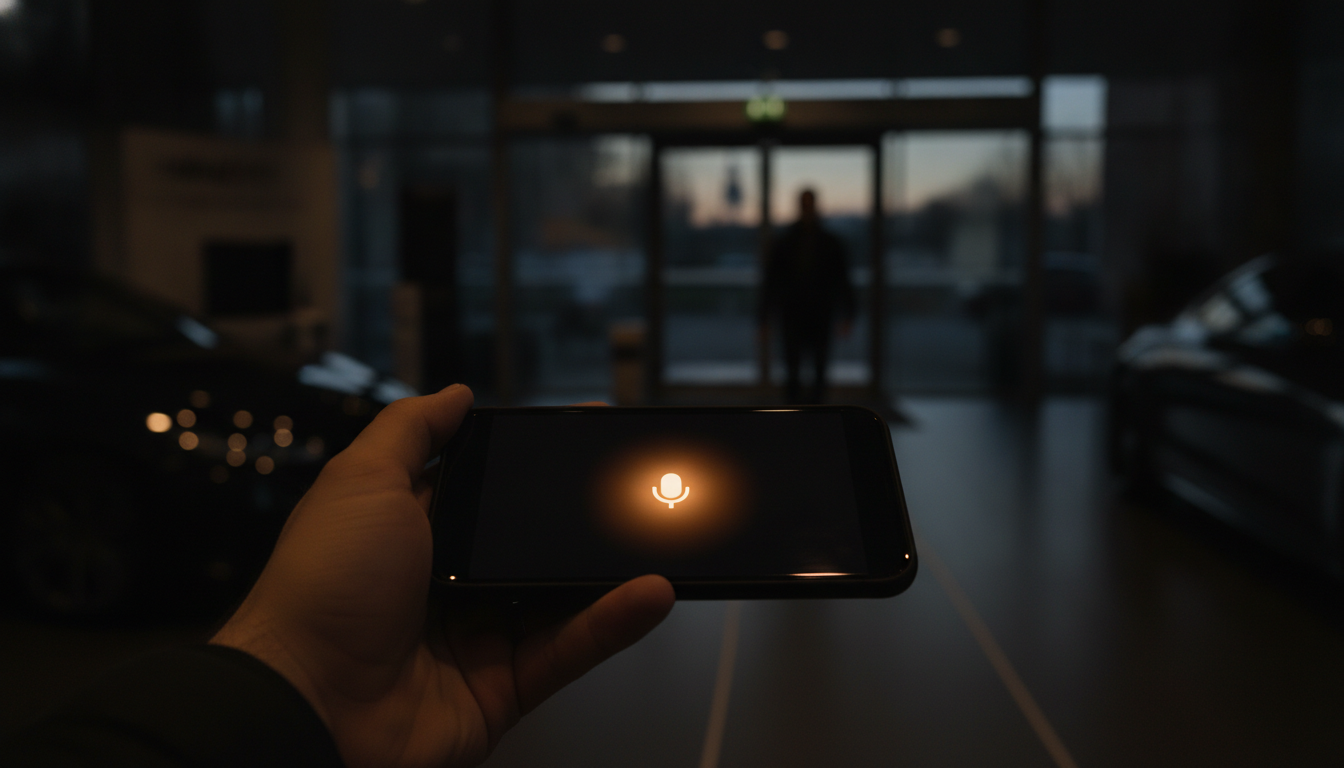 A hand holding a phone in a dim showroom, a soft amber microphone node glowing on the screen, a customer walking toward the door in the background