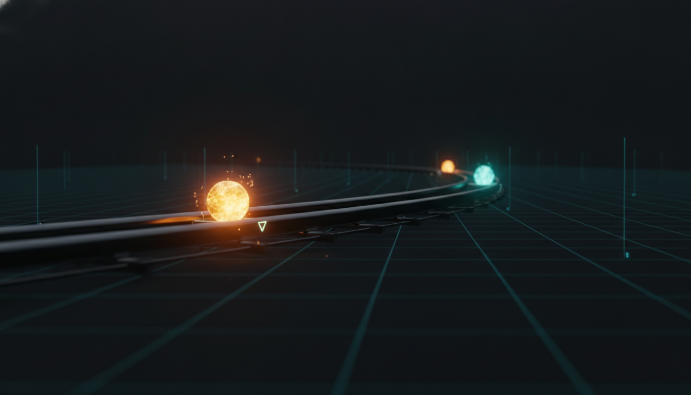 One amber thread arriving at a timeline, one node lighting exactly at its mark while a faded node further down blinks a warning