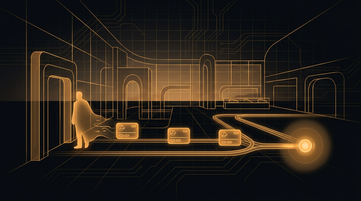 An amber signal rising off a phone on a dark home desk at dawn and forming three small labeled capture fields that flow into a single saved-lead node, like a floor greeting turning into a stored record before the customer sits down