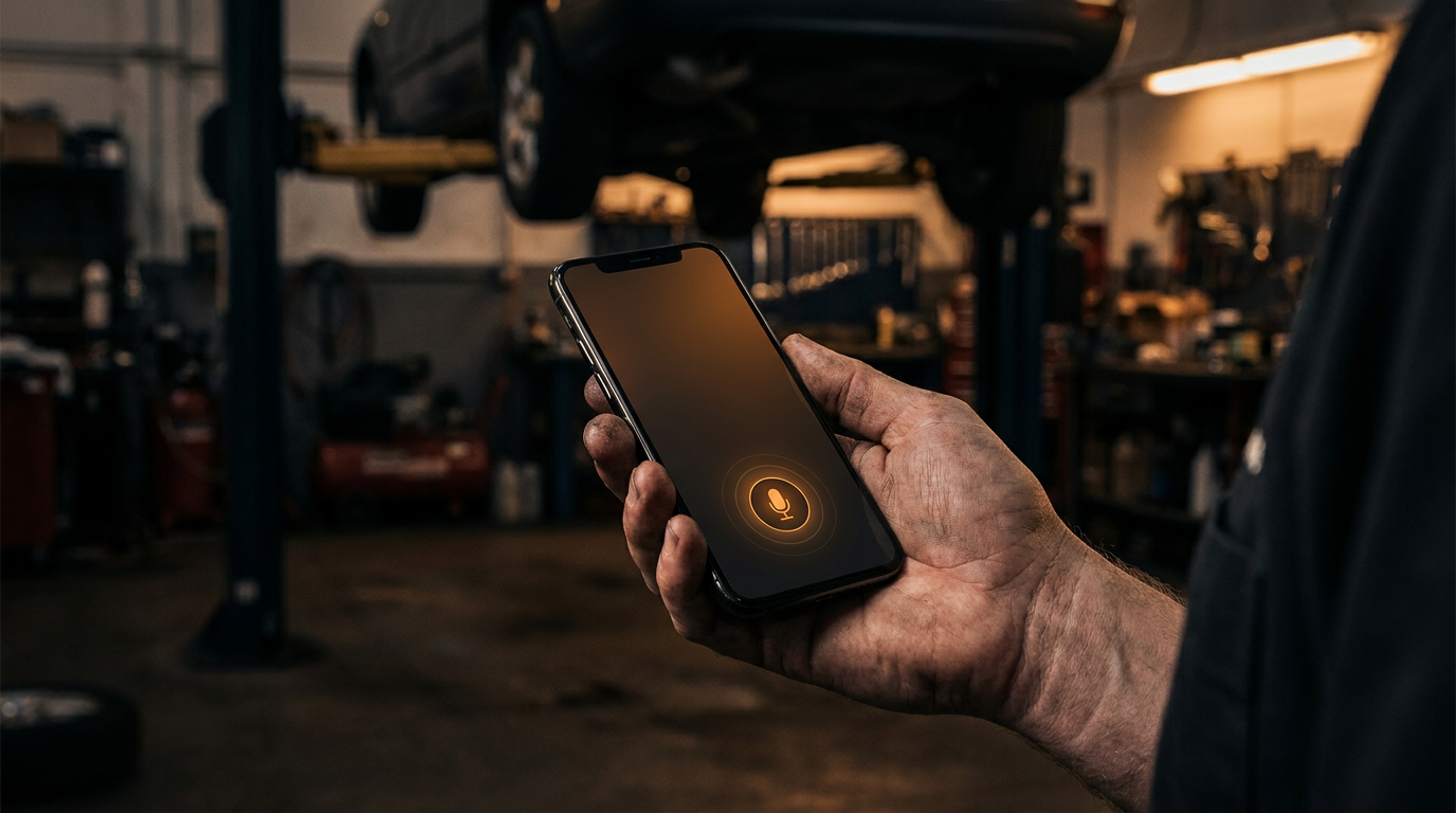 A hand holding a phone in a dim service bay with a soft amber microphone node glowing on the screen