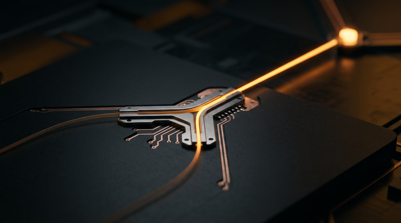One amber thread arriving at a routing junction and splitting, only the correct path lit