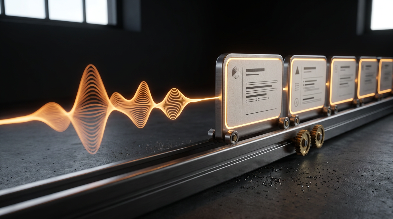 A single amber voice waveform thread resolving into structured task cards moving along a dark rail
