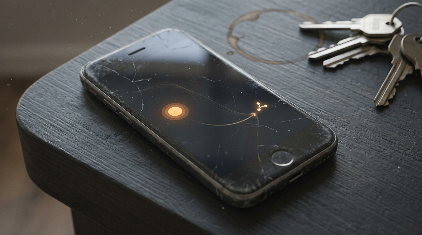 A phone on a dark desk with an amber microphone node pulsing on the screen and a faint spoken waveform rising off it toward a small glowing junction