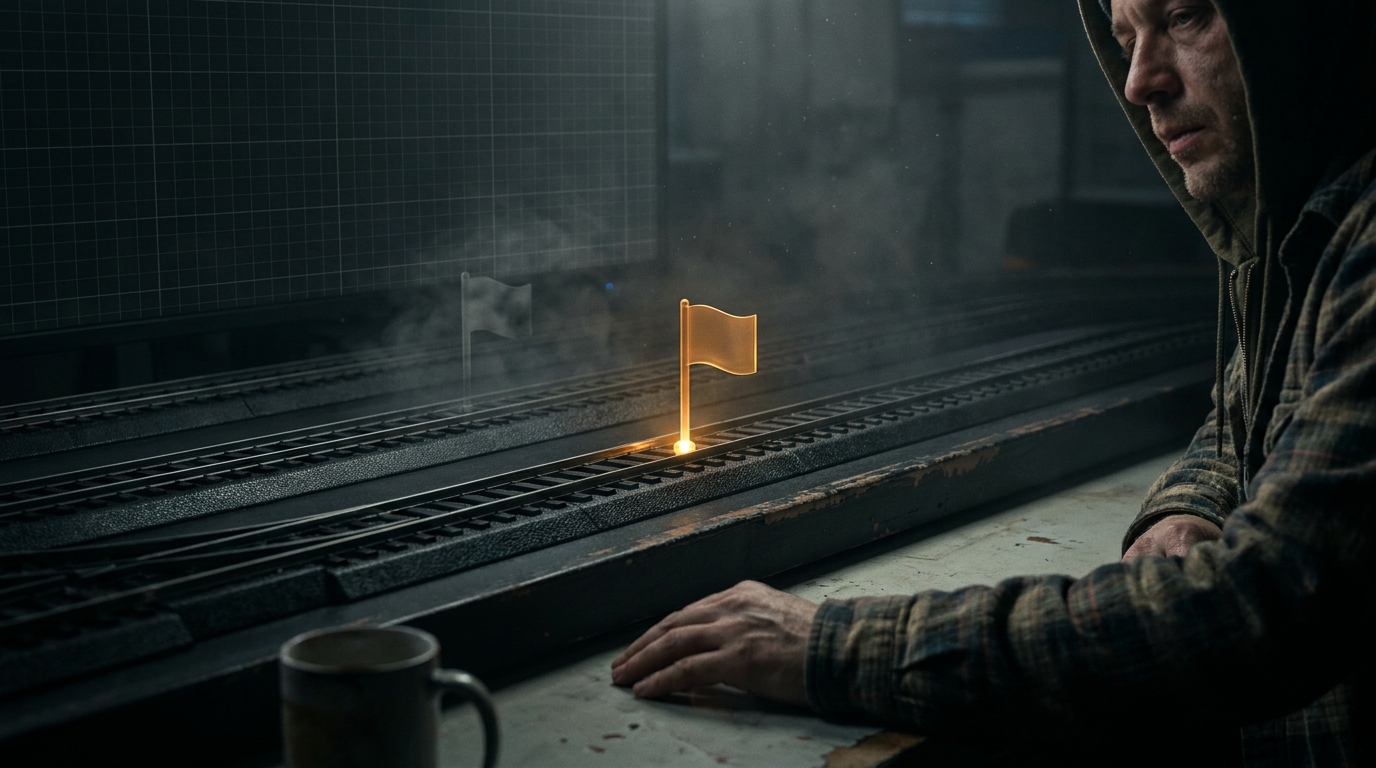 An amber flag marker landing firmly inside the correct destination lane with a confirmation glow beneath it, while a faint dropped ghost-flag fades in a mislit lane behind it