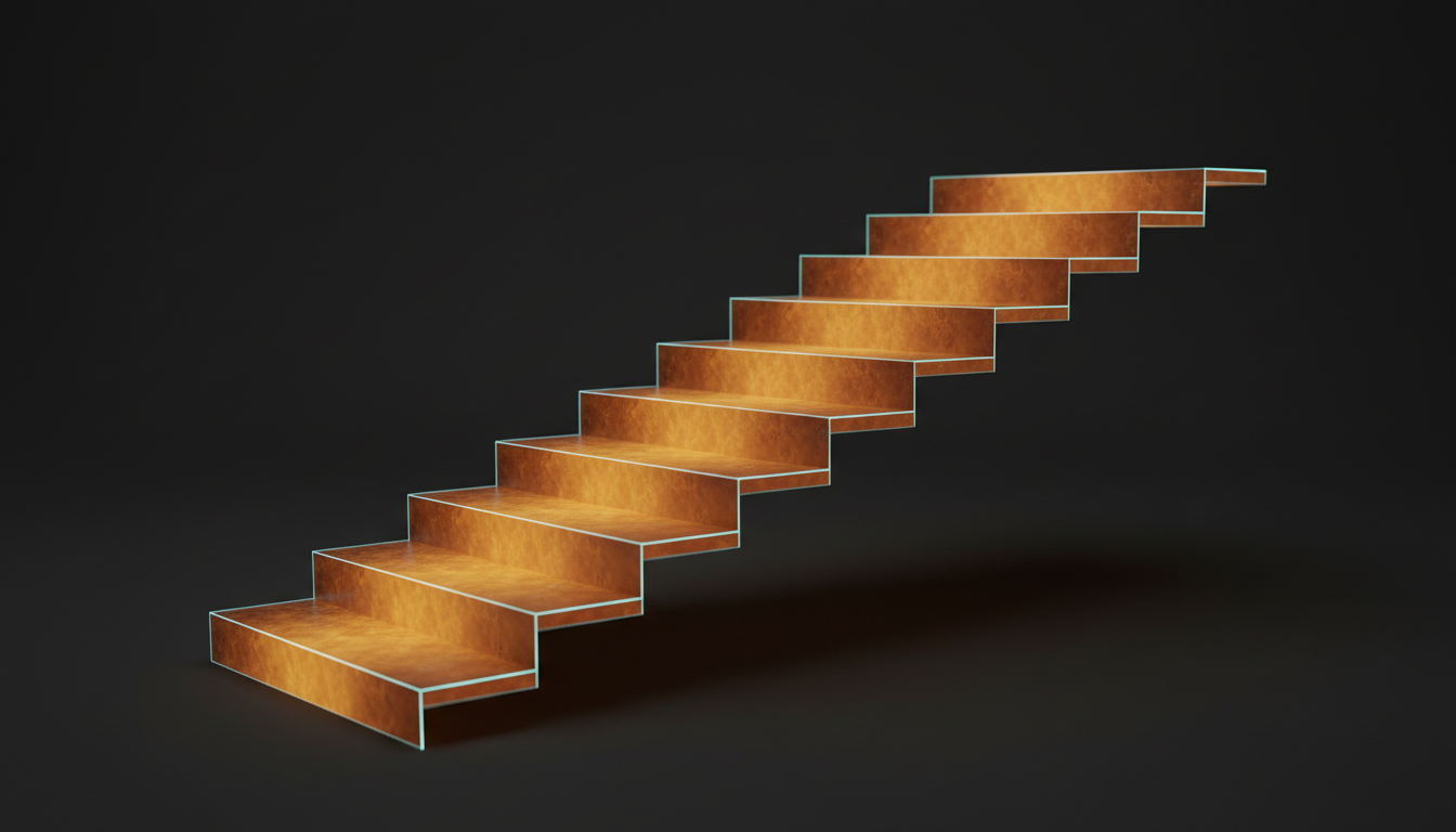 Progress as a staircase of amber blocks climbing into the dark