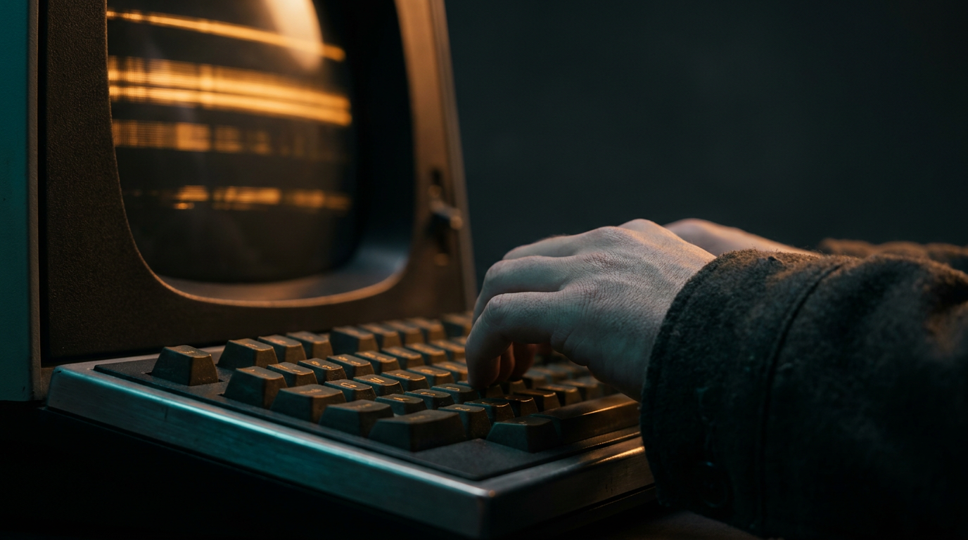 An extreme close-up of a dark terminal screen glowing warm amber