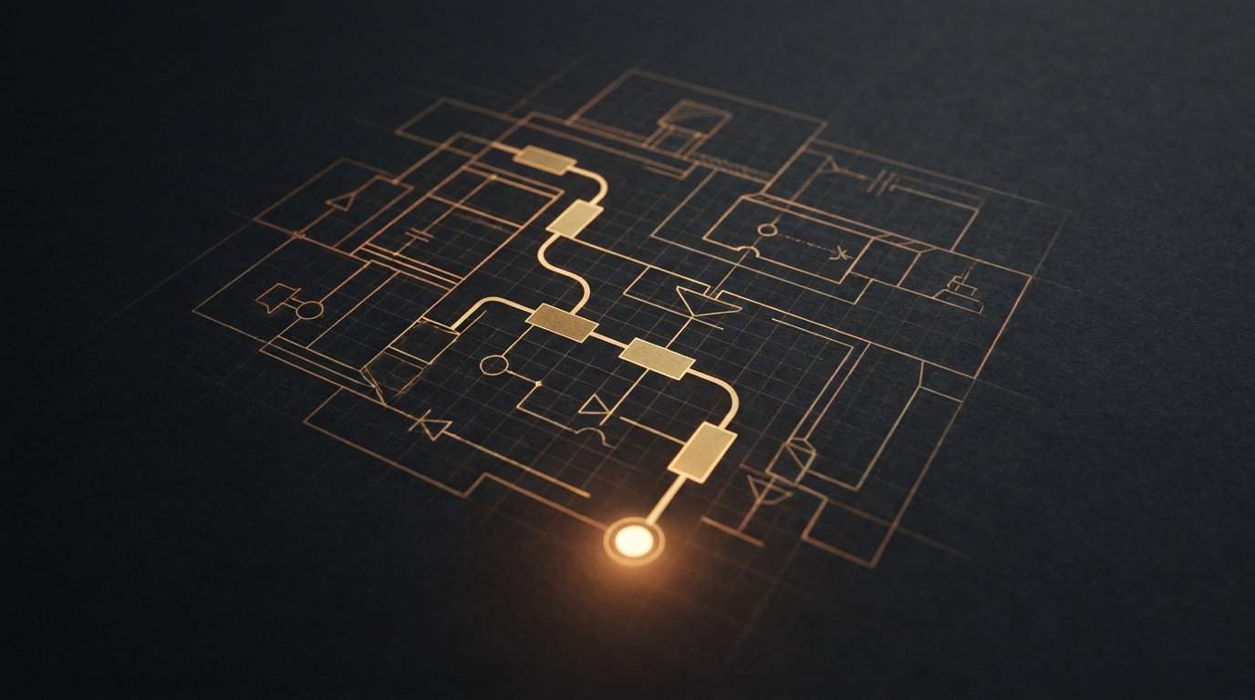An amber signal now traveling cleanly along a repaired circuit path on a dark charcoal background, four small patched sections glowing steady amber where the breaks used to be, arriving at a single confirmed node with a calm glow beneath it, representing a first voice agent whose plumbing has been fixed one failure at a time
