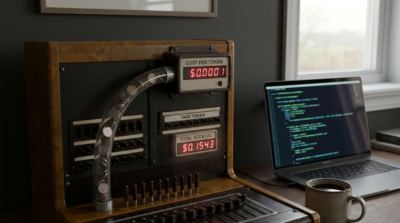 A dark amber switchboard at dawn on a charcoal background, a stream of many small task tokens flowing through a single meter that ticks up a tiny fraction of a cent per token with a running total glowing softly beneath it, a laptop terminal faintly visible showing abstract code with no readable text, representing an operator measuring their own real cost per task instead of trusting one magic monthly number