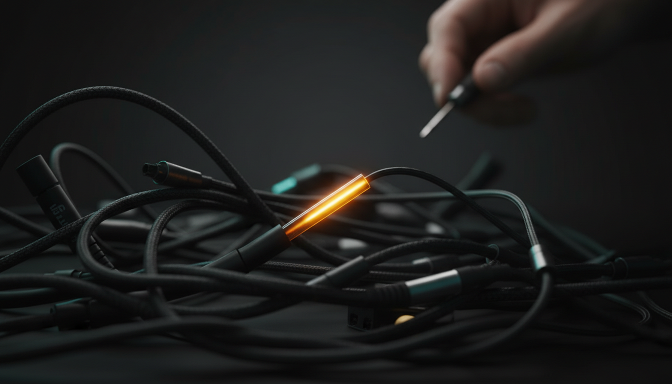 Order from chaos, a tangle of cables resolving into one clean conduit